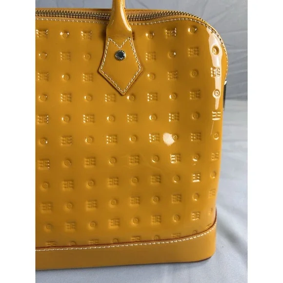 Arcadia Italy Patent Leather Satchel Mustard Yellow Embossed Handbag - Picture 2 of 13